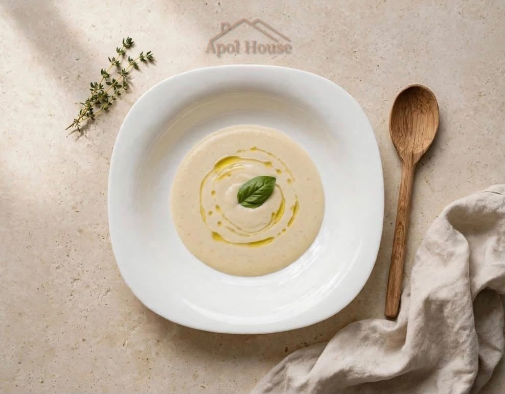 Cuenco blanco de sopa con sopa cremosa, guarnición verde, cuchara de madera y lino sobre una mesa beige