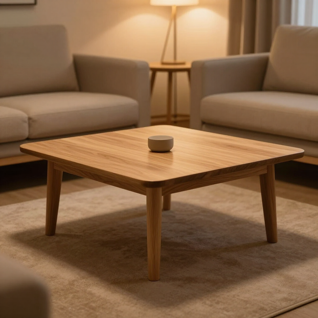 Salón minimalista con dos sofás beige, una mesa de centro de madera y una lámpara sobre una mesita auxiliar.