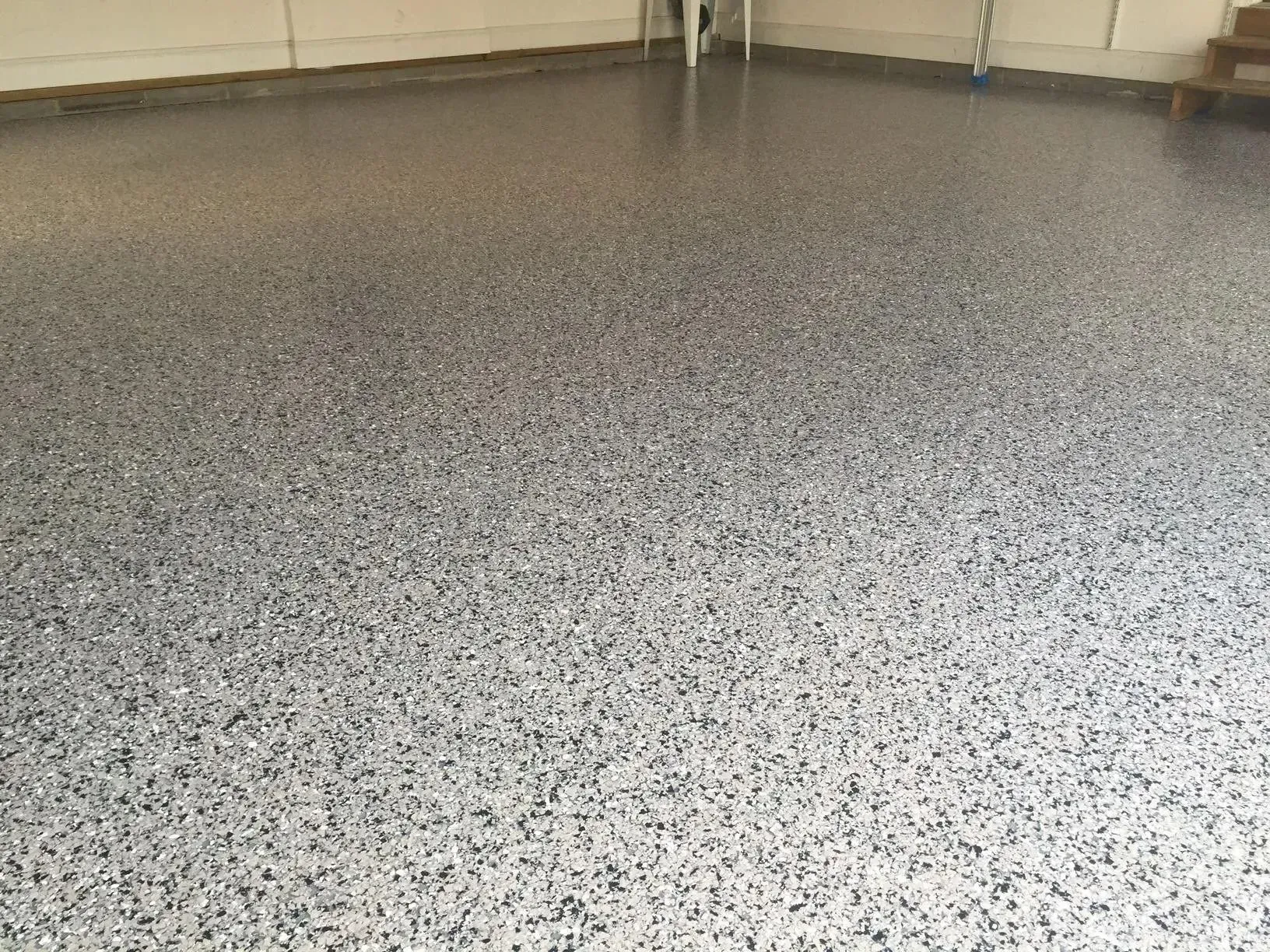 Gray speckled epoxy garage floor.