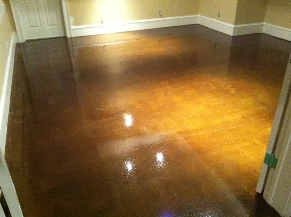Polished brown concrete floor reflecting light in an empty room with white doorframes.