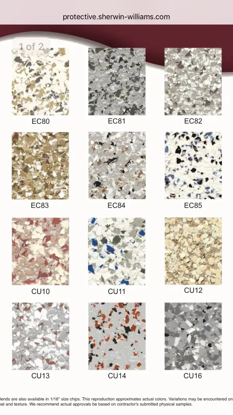 Color swatches of decorative epoxy floor coatings.