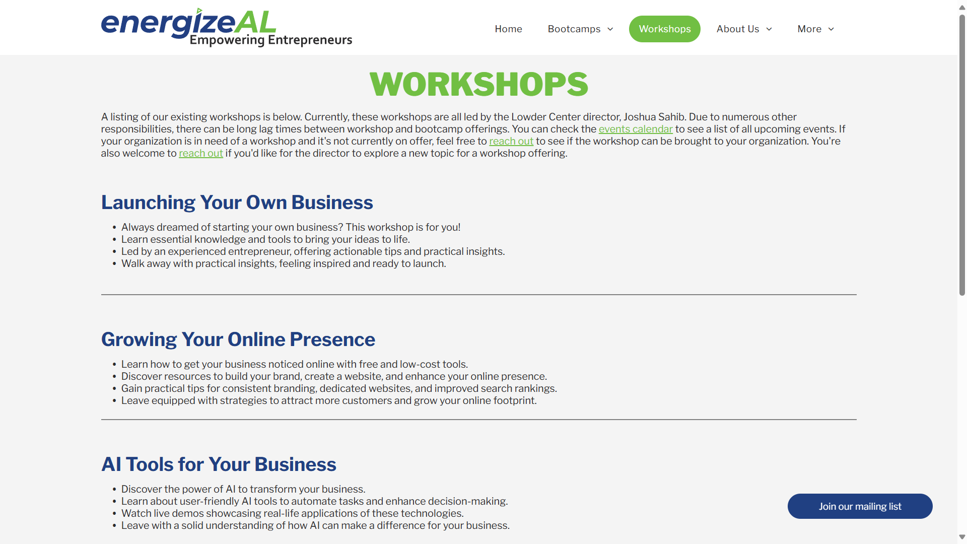 A screenshot of a website that says workshops on it