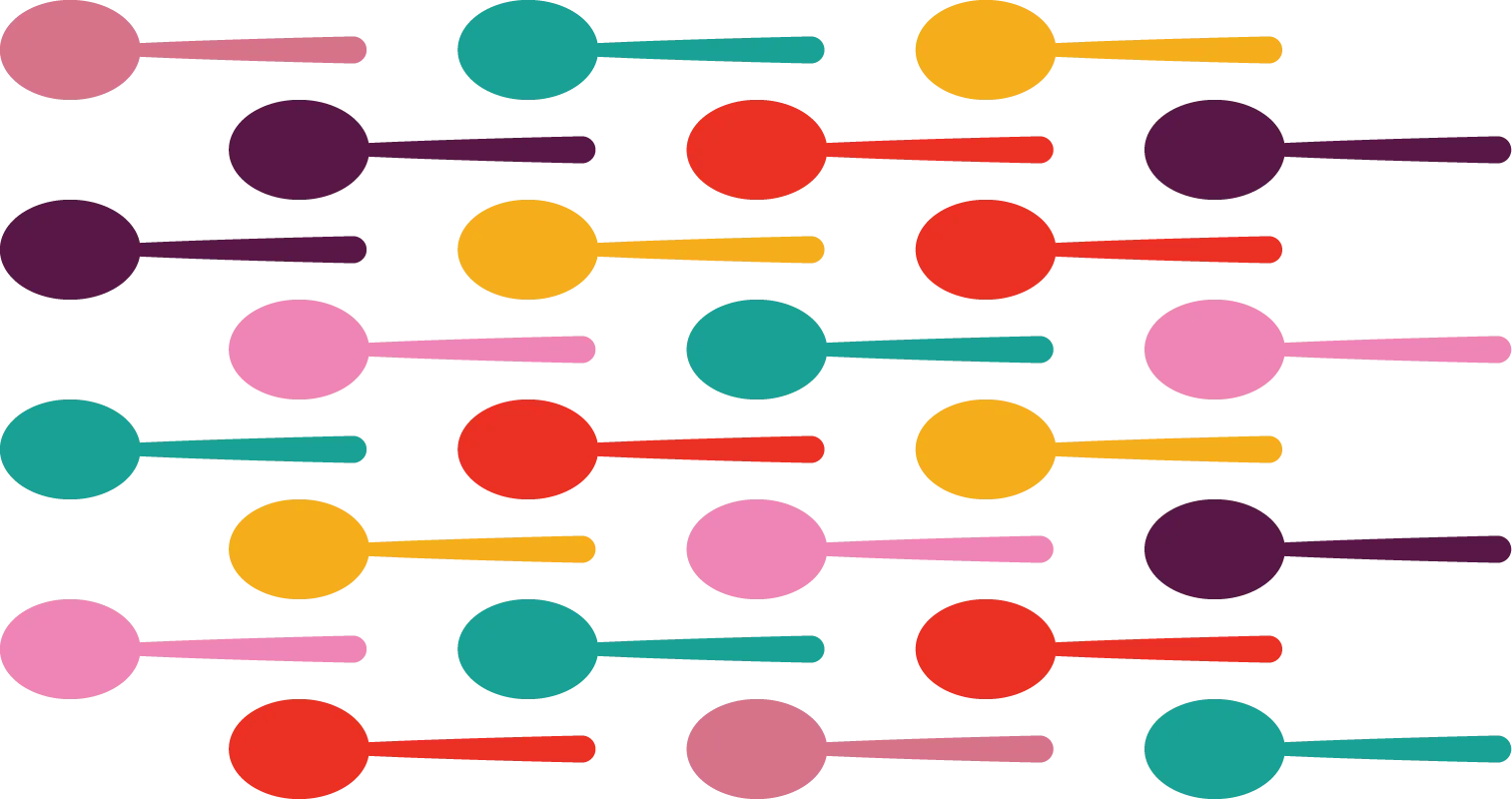 A pattern of colorful spoons on a white background.