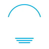 A blue light bulb with three lines coming out of it on a white background.