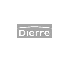 Logo Dierre in un rettangolo grigio: testo bianco, linea curva sopra 