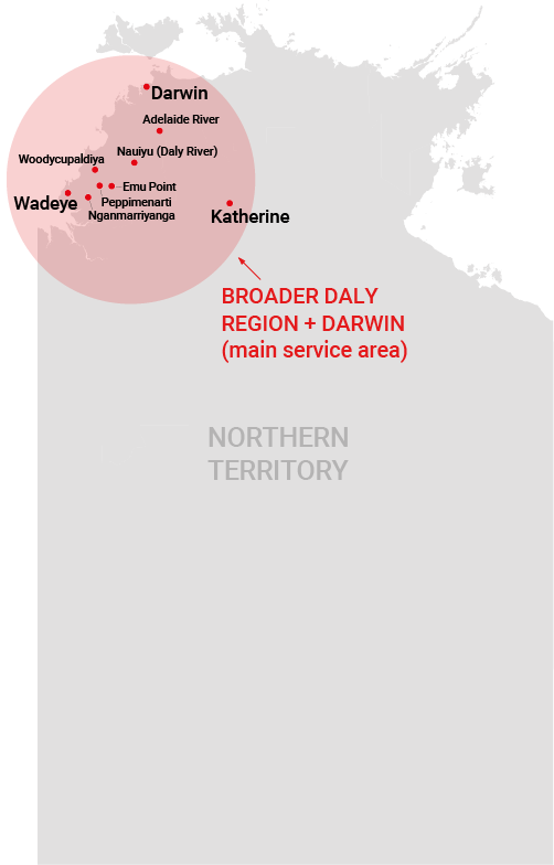Map of the Northern Territory, Australia, highlighting the Broader Daly Region and Darwin, with key towns labeled.