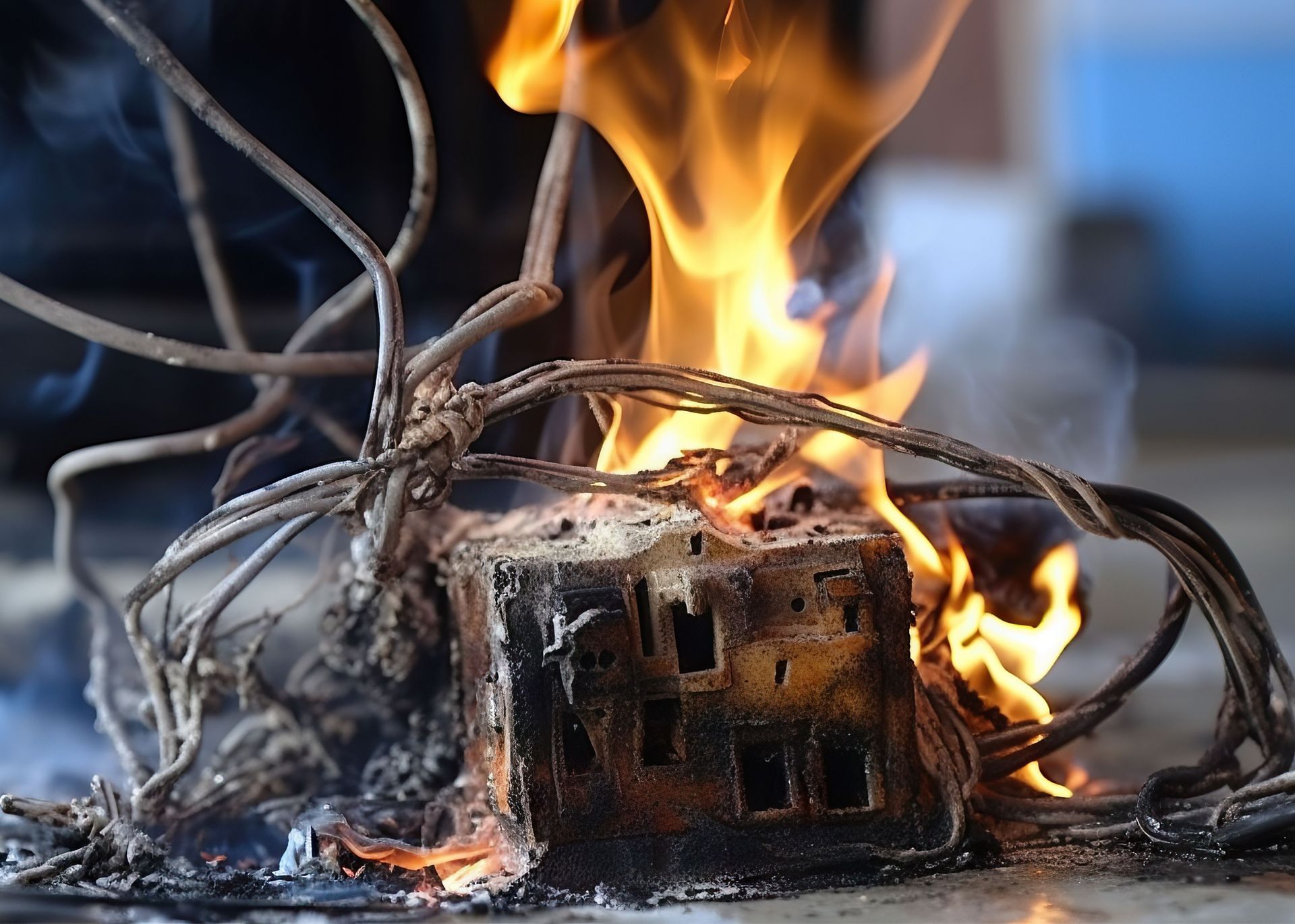 A fire is coming out of a broken electrical outlet