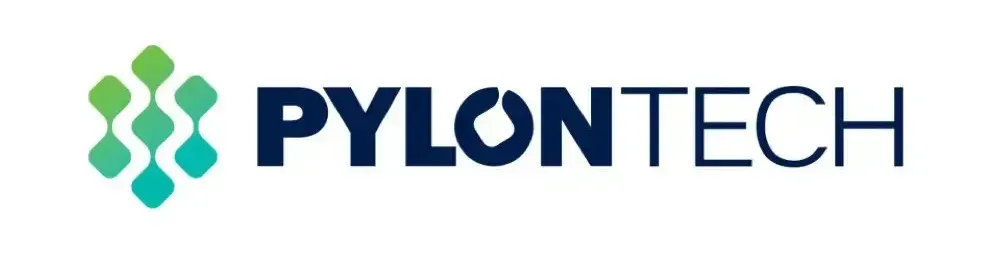 the logo for pylontech is a blue and green logo on a white background .