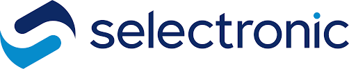 a blue and white logo for selectronic with a check mark on a white background .