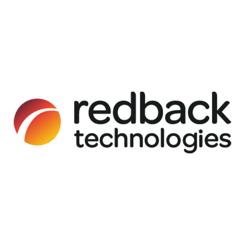a redback technologies logo with a red and orange circle on a white background .