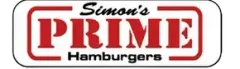 Simon's Prime Hamburgers logo with red text on white, boxed by a red border.