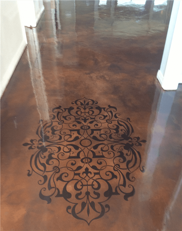 Acid stain concrete with smooth finish scroll.