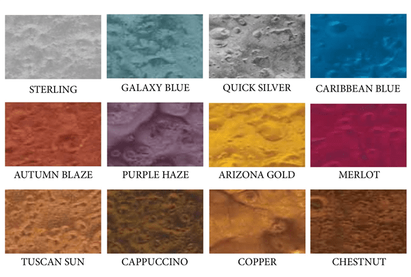Metallic Color swatches: Sterling, Galaxy Blue, Quick Silver, Caribbean Blue, Autumn Blaze, Purple Haze, Arizona Gold, Merlot, Tuscan Sun, Cappuccino, Copper, Chestnut.