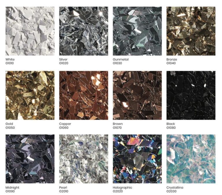 Color foil swatches of reflective flakes: white, silver, gunmetal, bronze, gold, copper, brown, black, midnight, pearl, holographic, crystalline.