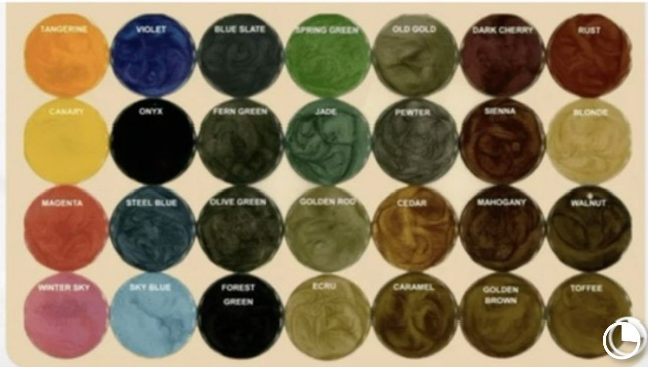 Metallic Color chart with 28 different yarn samples, including shades of orange, blue, green, and brown.