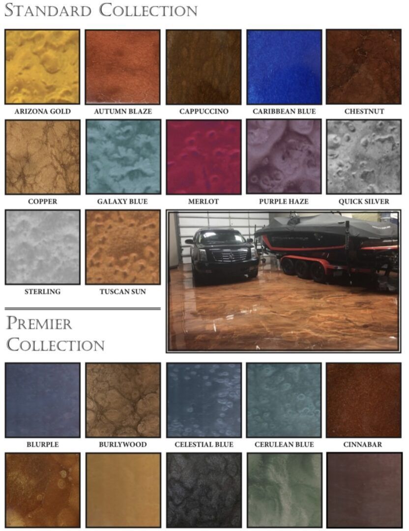 Metallic Standard Collection for concrete flooring options, plus a photo of a car and trailer in a garage.