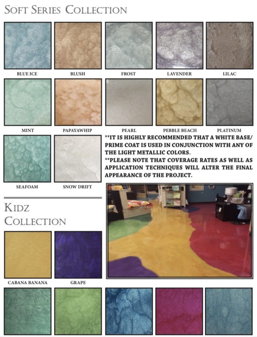 Metallic Concrete Flooring coatings samples, Soft Series and Kidz Collection, with color swatches and floor application example.