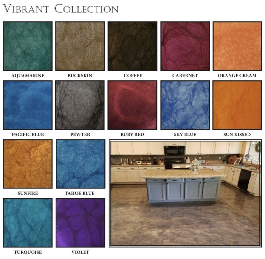Metallic Vibrant Collection floor colors: Aquamarine to Violet, plus a kitchen with concrete flooring and blue cabinets.