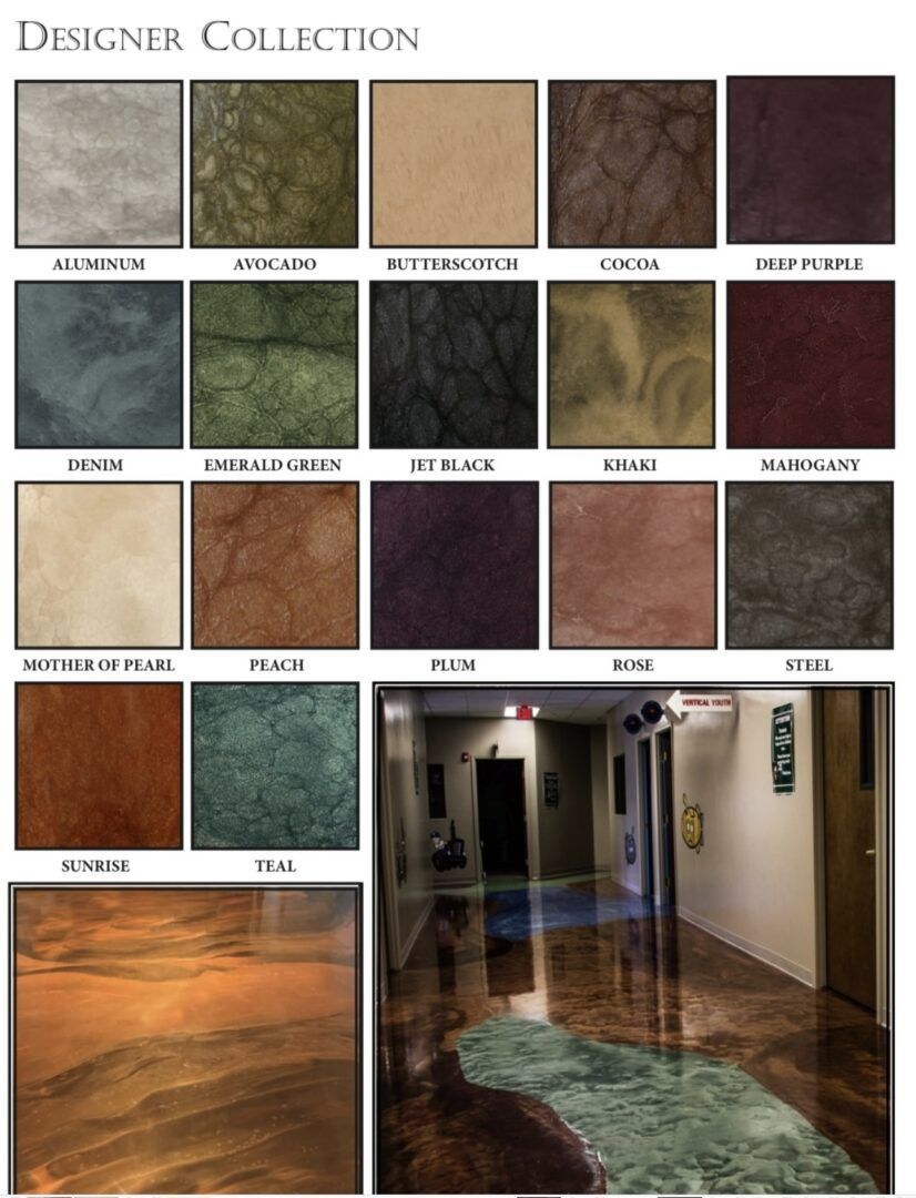 Metallic Designer collection with floor color samples, and an example of a floor.