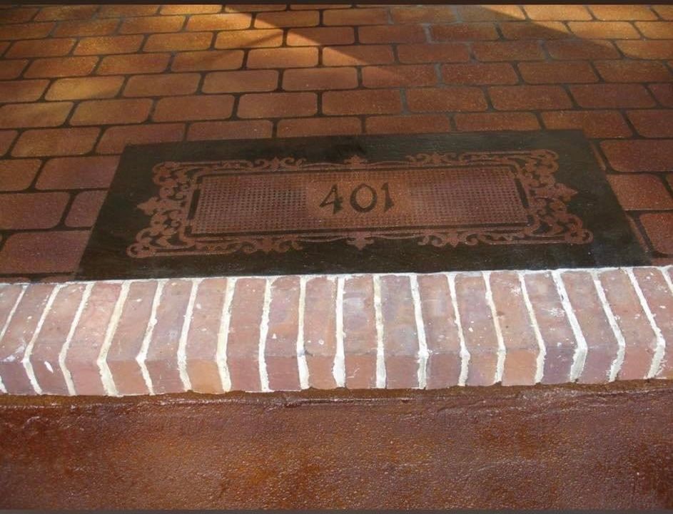 Stencil bricks with walnut acid stain and address stroll.