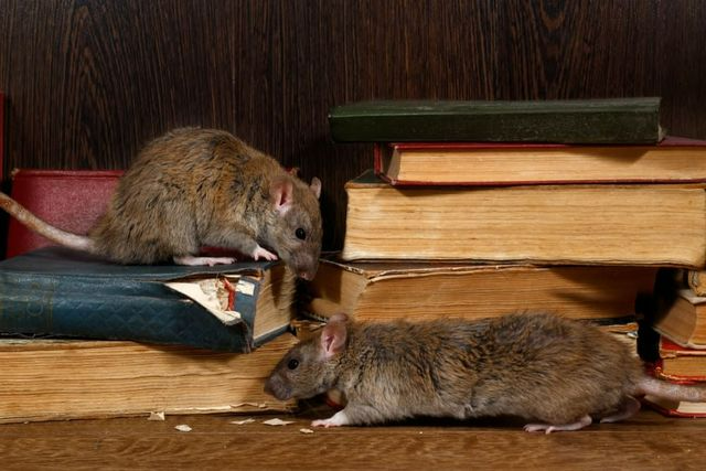 Two Brown Rats On And Around Old Books In A Library — Brazel's Pest Control in Coffs Harbour, NSW