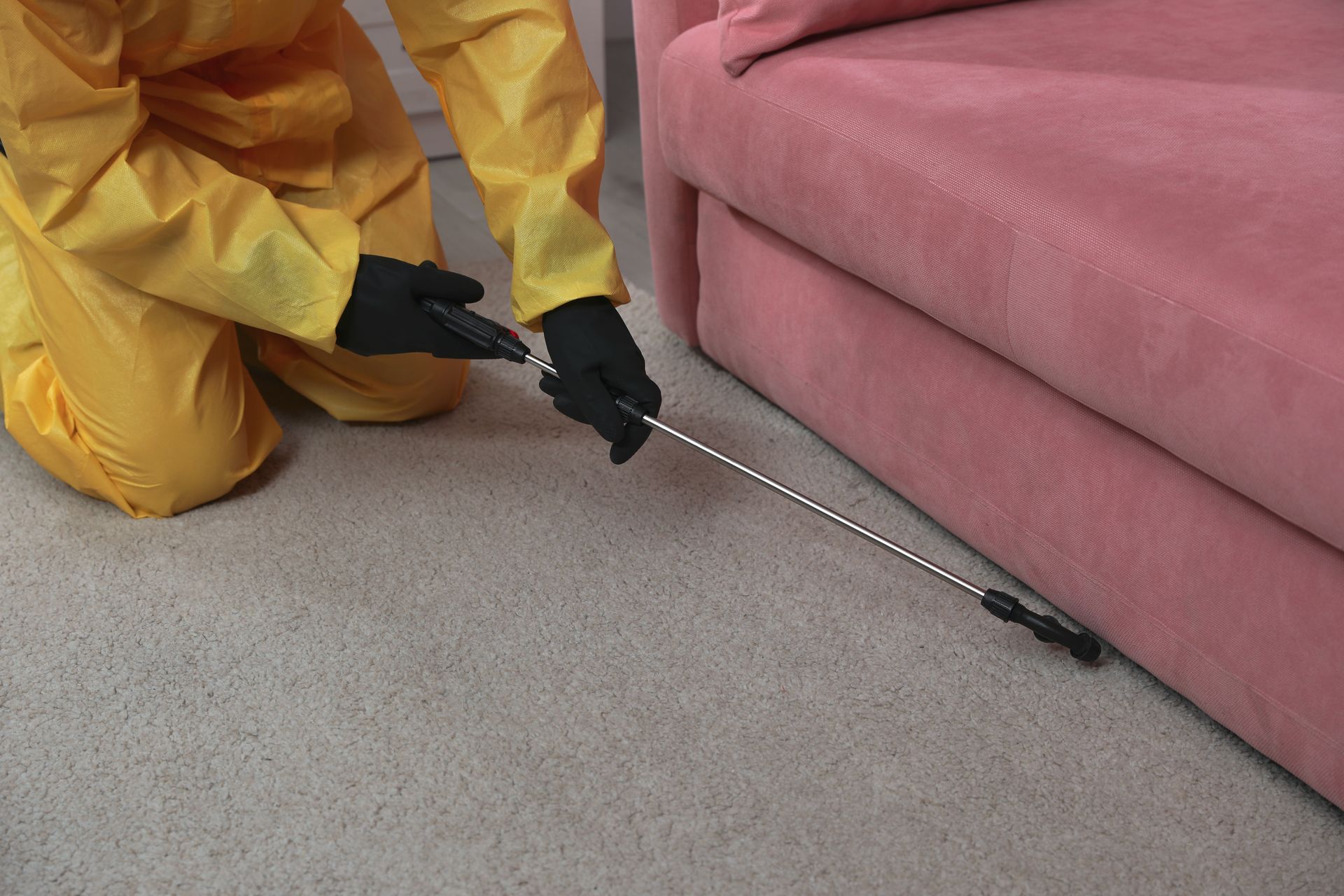 Person In Yellow Hazmat Suit Spraying Insecticide Near Pink Sofa — Brazel's Pest Control in Coffs Harbour, NSW