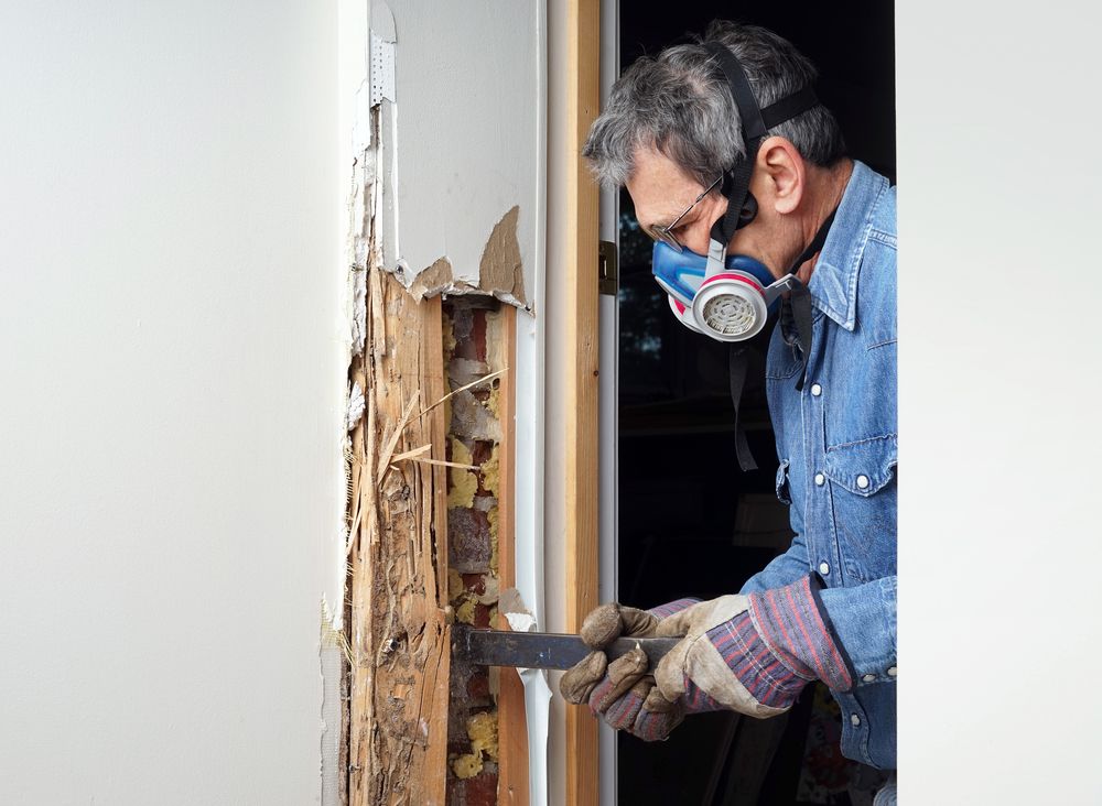 Man Wearing Respirator, Demolishing Door Frame With A Pry Bar — Brazel's Pest Control in Coffs Harbour, NSW