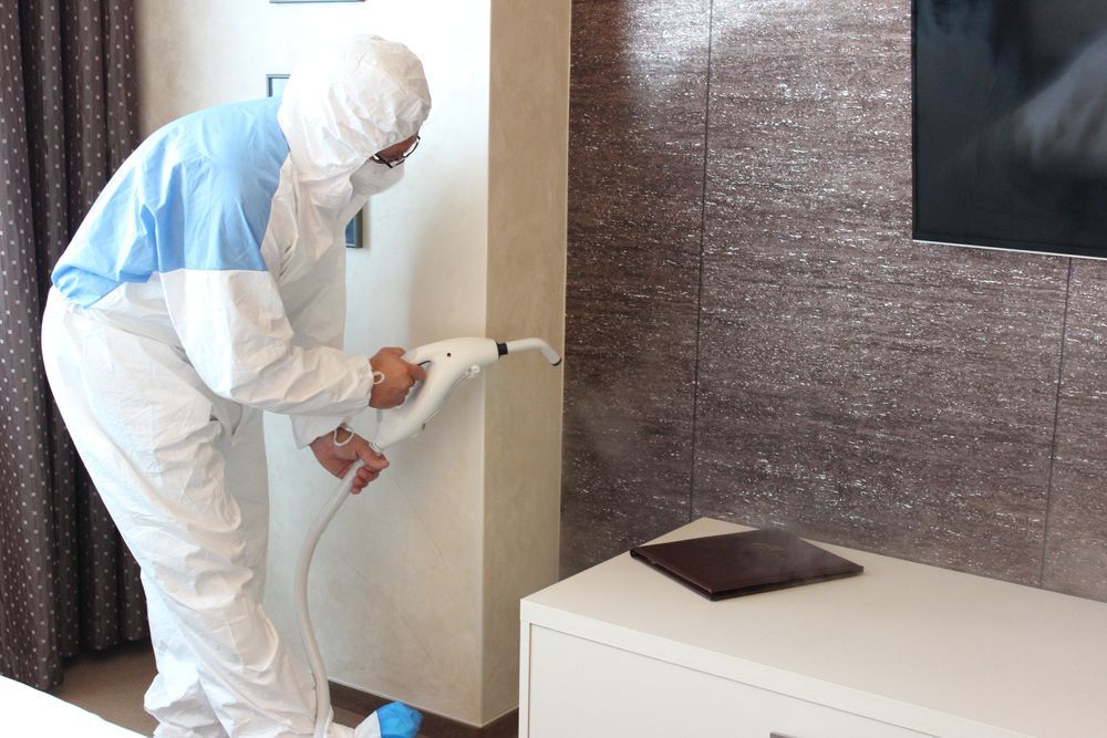 Person In Protective Suit Sanitizing A Room With A Sprayer — Brazel's Pest Control in Nambucca, NSW
