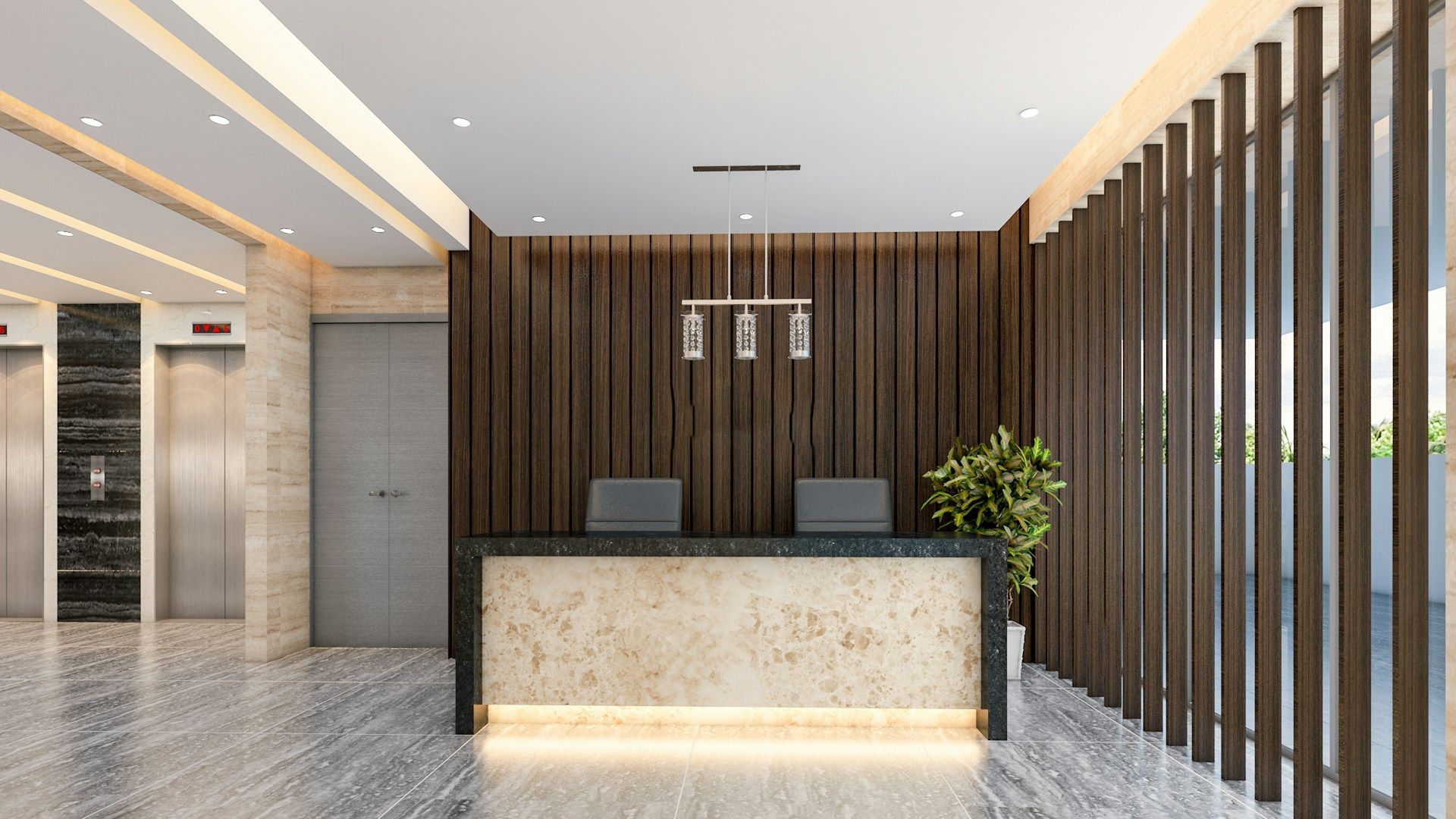 Modern hotel lobby with marble reception desk, wood slat wall, elevator, and polished stone floor