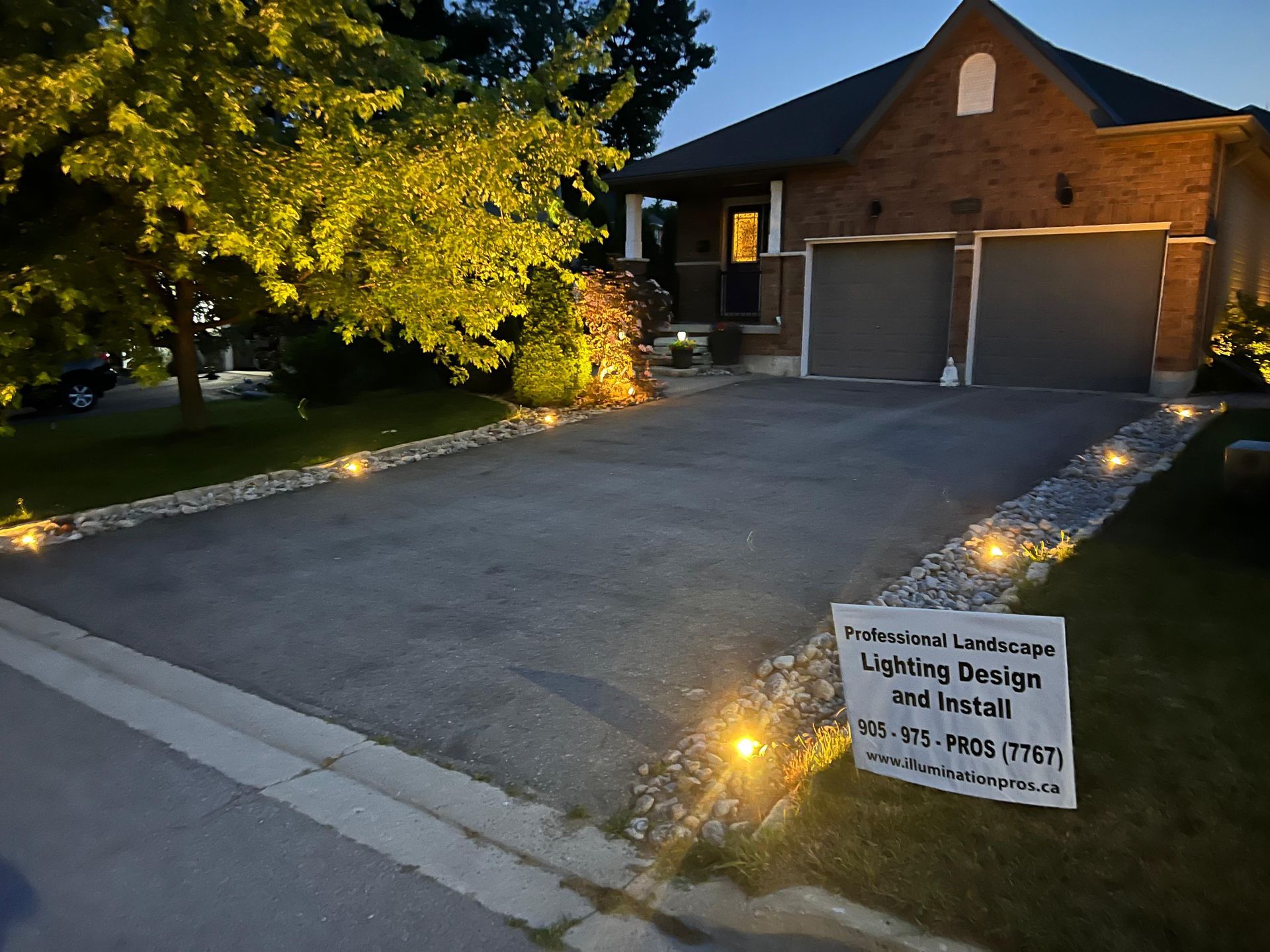 Driveway and front yard lighting highlighting landscape features at dusk