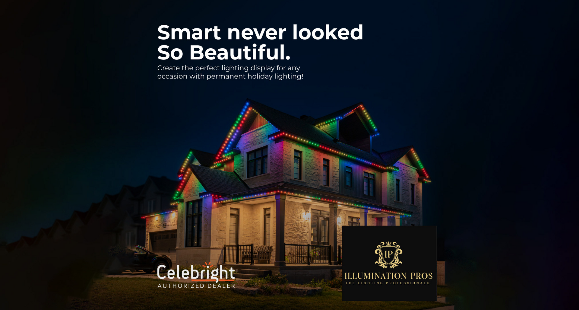 Permanent RGB smart holiday lighting on modern two-story house with Illumination Pros branding