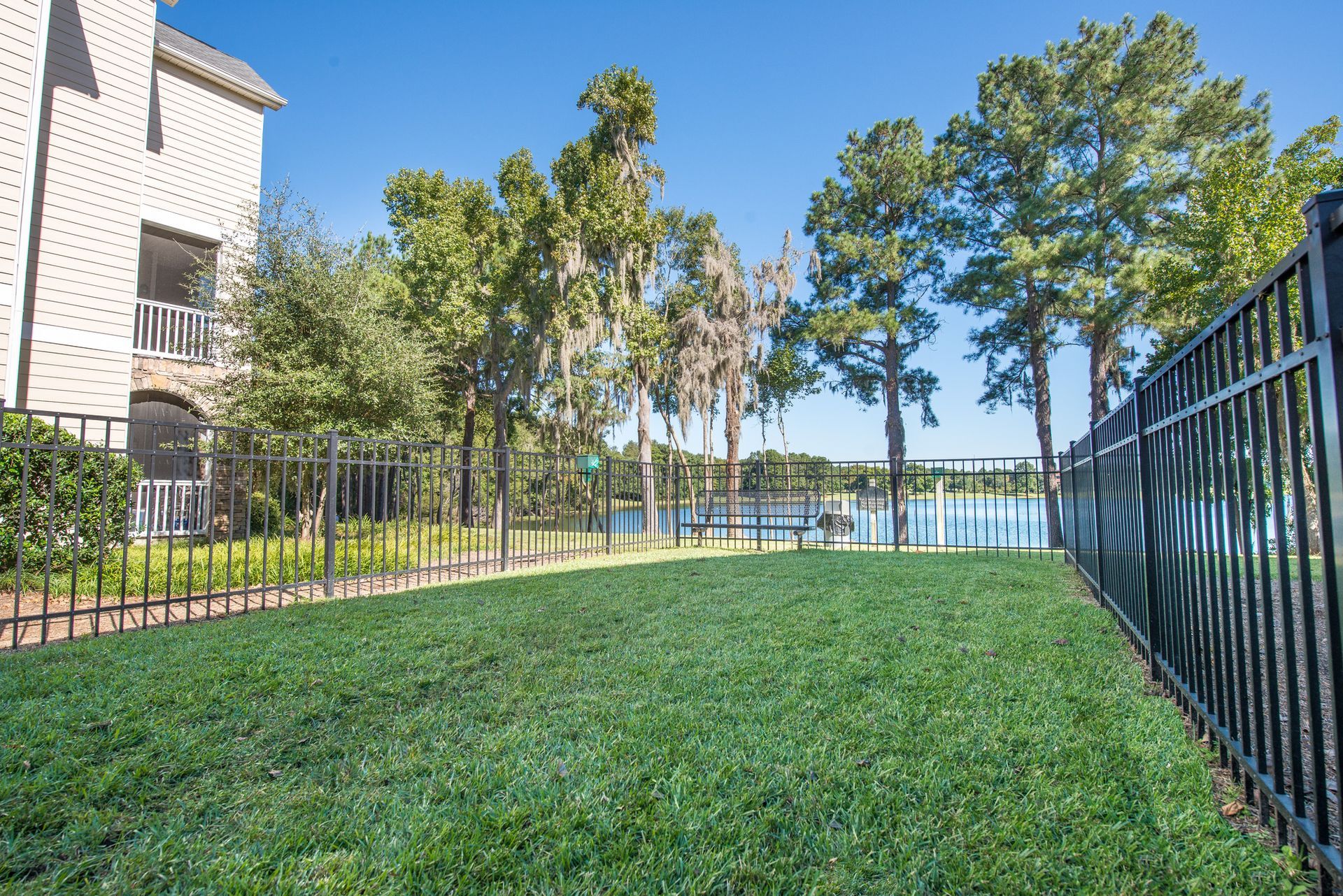 Grassy yard beside a black fence, overlooking trees and water near an apartment building at Walden at Chatham Center Apartments in Savannah, GA.