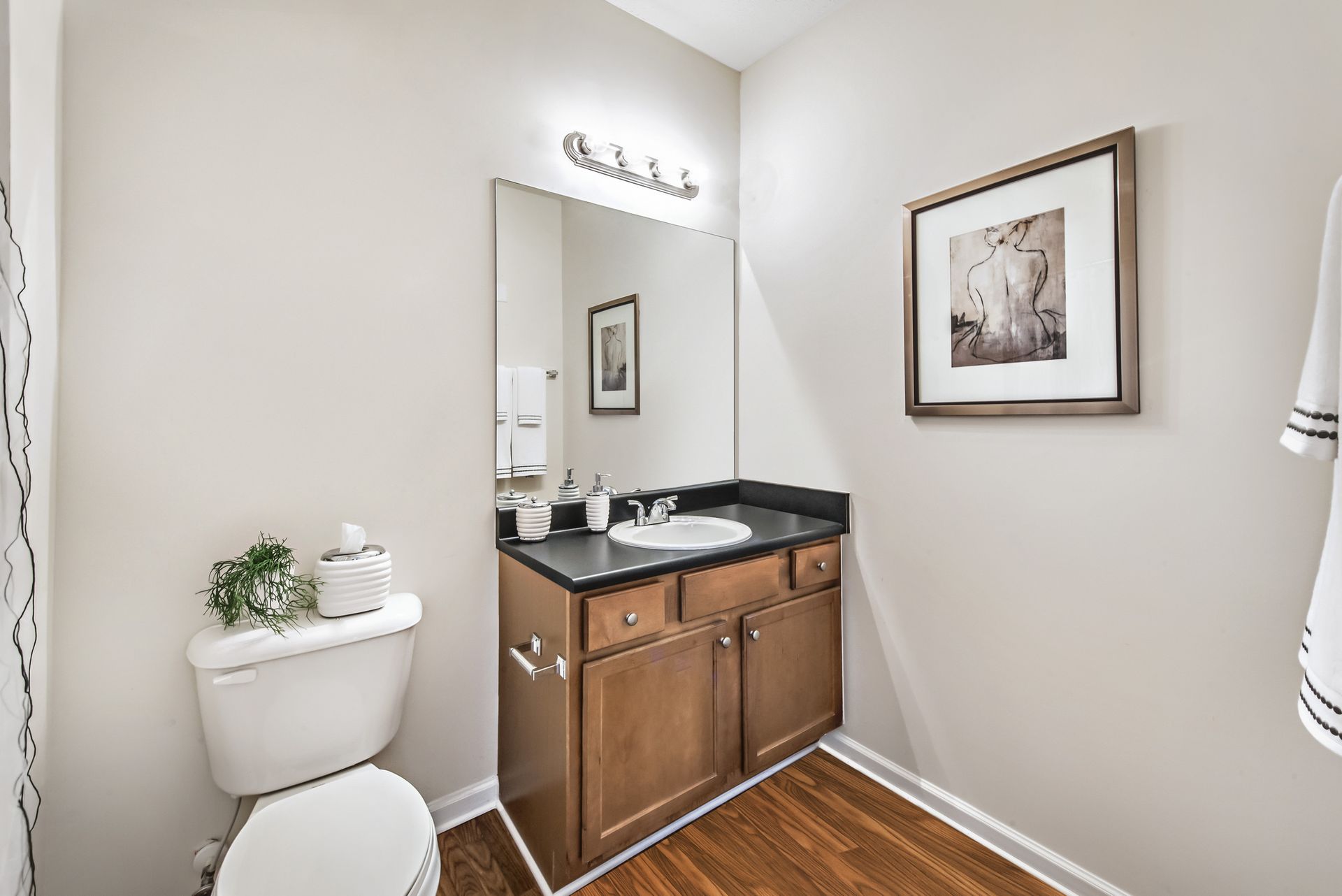 Small bathroom with white toilet, wood vanity, black countertop, and framed wall art at Walden at Chatham Center Apartments in Savannah, GA.