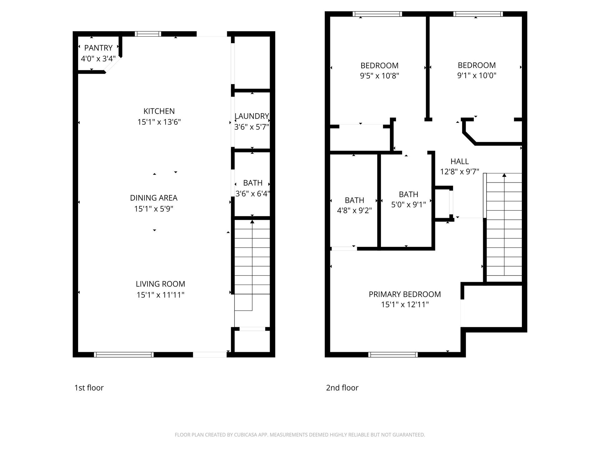 Floor plan: Two-story house. First floor has living/dining/kitchen areas. Second floor has two bedrooms and a bathroom.