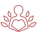 Red outline of person with arms crossed over heart, surrounded by leaves.