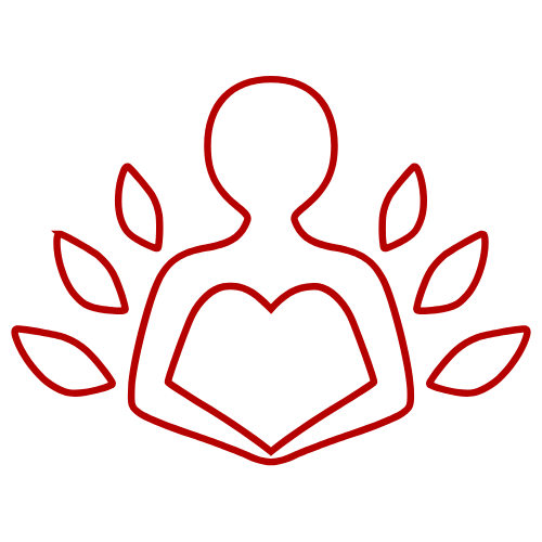 Red outline of person with arms crossed over heart, surrounded by leaves.