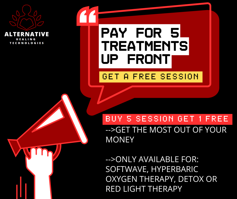 Ad for Alternative Healing Technologies: Buy 5 treatments, get 1 free, for Softwave, Hyperbaric Oxygen Therapy, Detox, or Red Light Therapy.