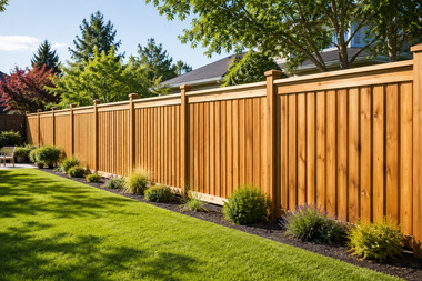 Wooden privacy fence along a green lawn with shrubs and trees in sunlight