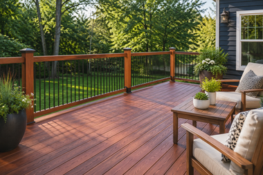 Wooden deck with black railing, lounge chairs, and potted plants overlooking a green backyard