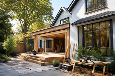 Modern house exterior with a wooden porch, large windows, and a sunlit backyard patio