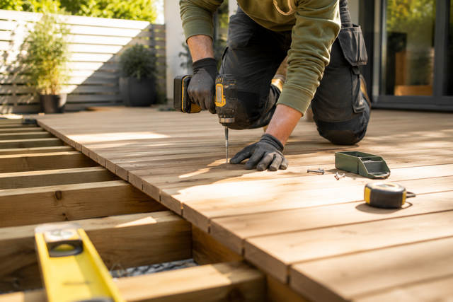 Worker drilling wooden deck boards outdoors, with a tape measure and level nearby.