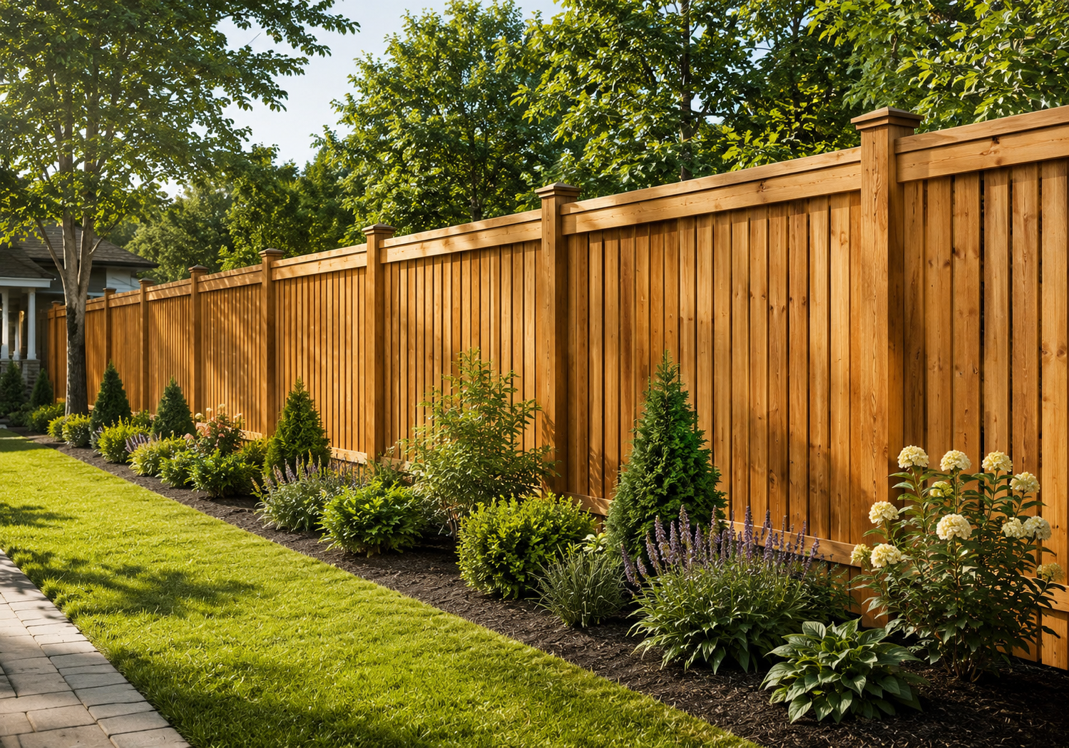 Wooden privacy fence with landscaped shrubs and trees along a sunny garden border