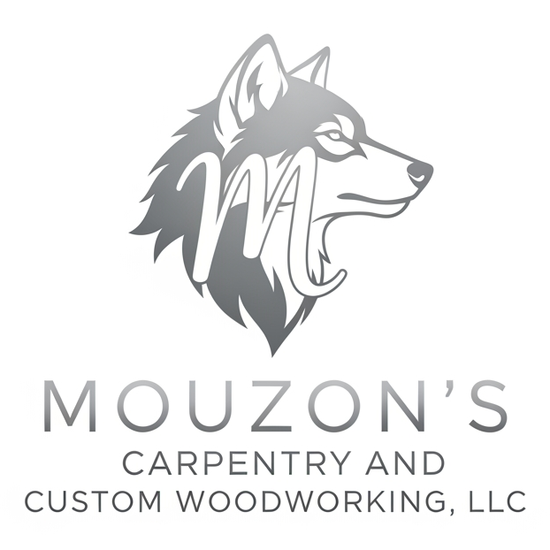 Logo for Mouzon's Carpentry and Custom Woodworking, LLC with a gray wolf head and stylized M