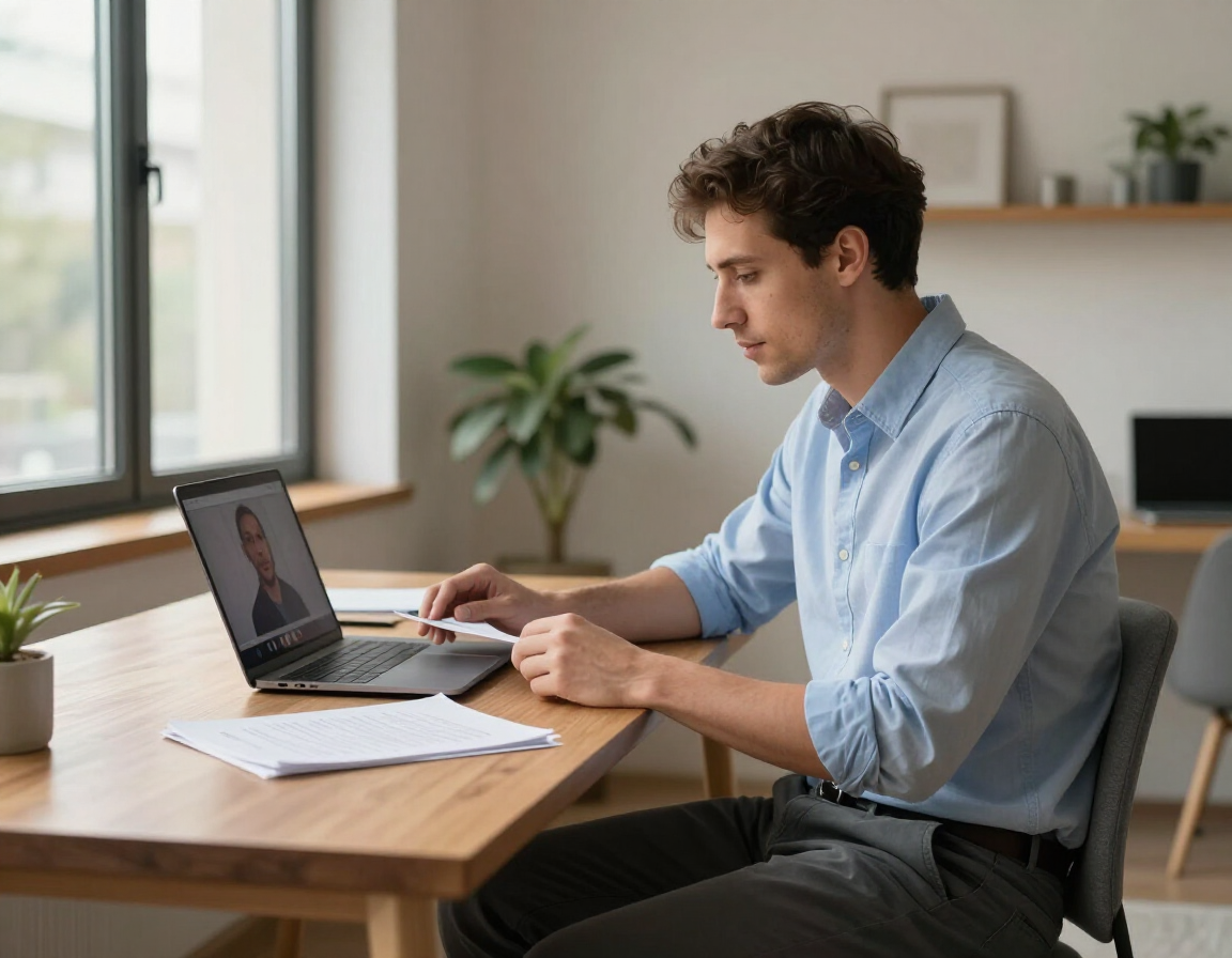 Man working on a laptop at a wooden table in a bright home office