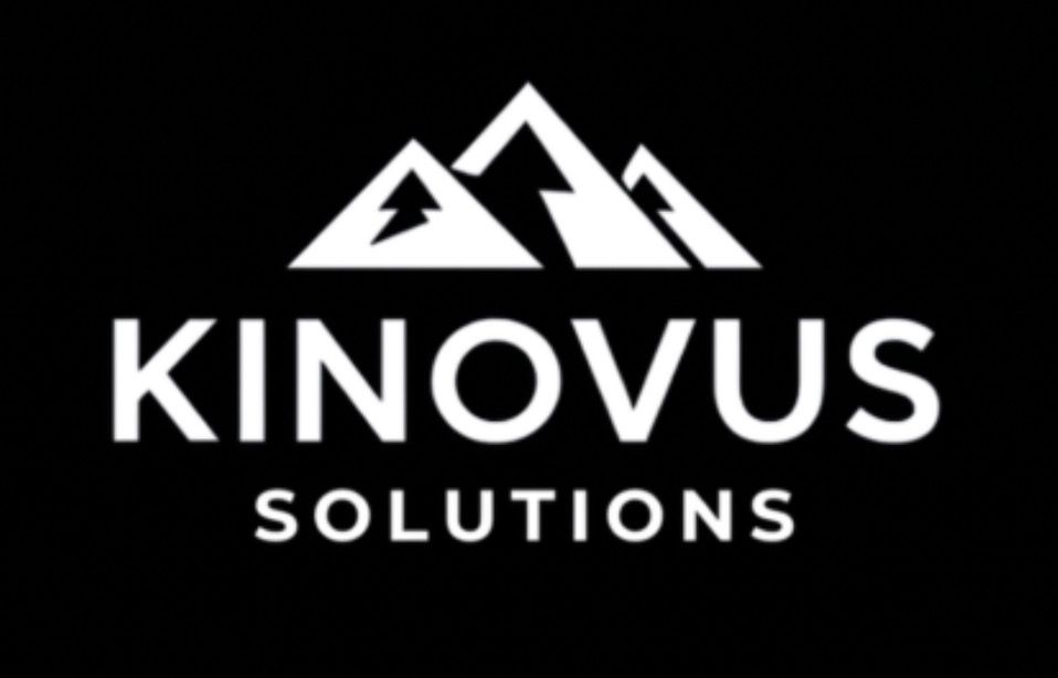 Kinovus Solutions logo with stylized white mountain peaks on a black background