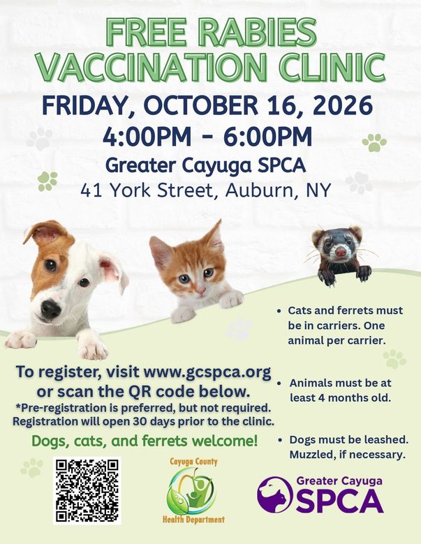Free rabies vaccination clinic flyer with dog and cat at Greater Cayuga SPCA, Oct. 16, 2026.