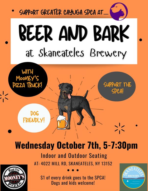 Orange event flyer for “Beer and Bark” at Skaneateles Brewery, Oct 7, 5–7:30pm, with a dog and pumpkin icons