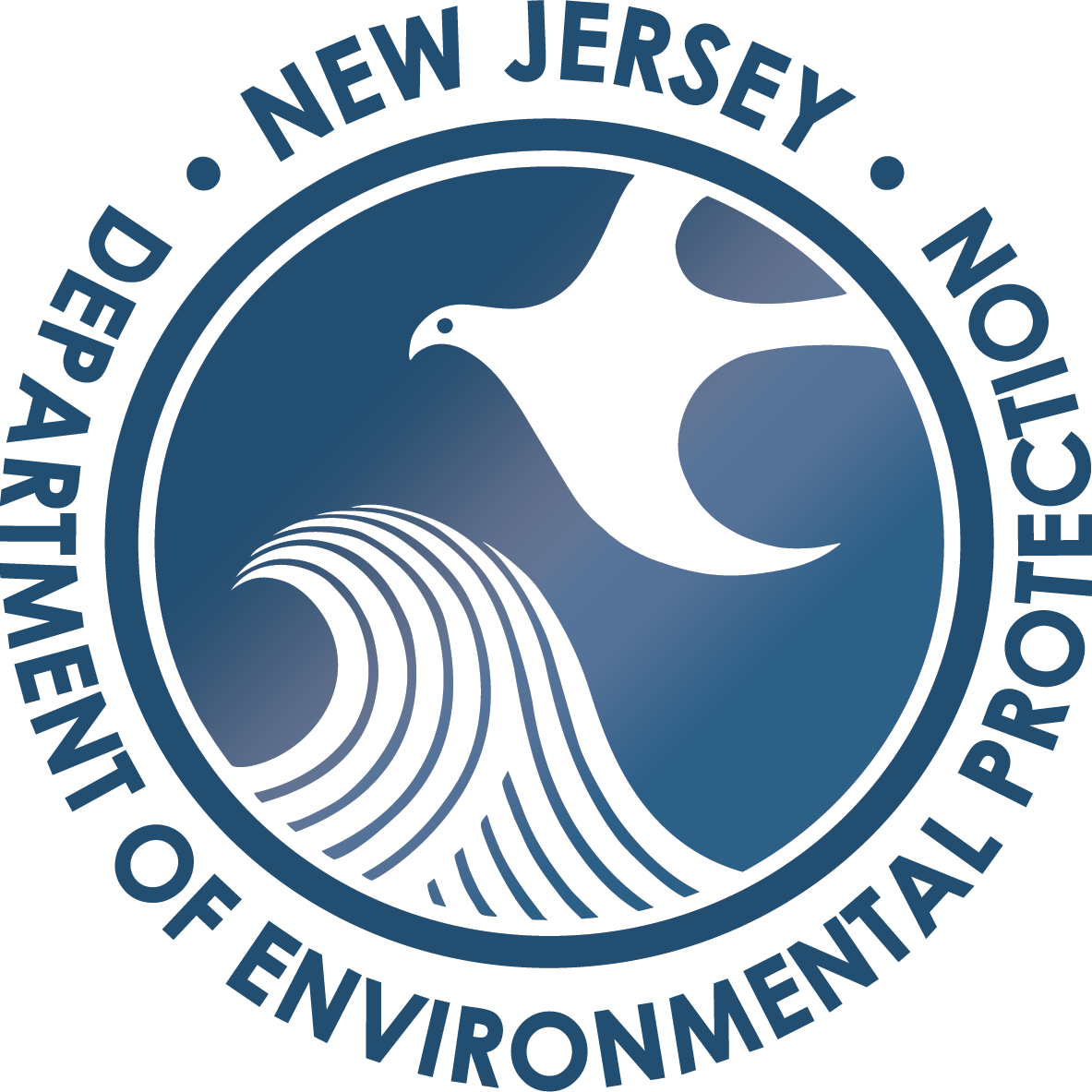 New Jersey Department of Environmental Protection logo: ocean waves and bird inside a blue circle, with text.