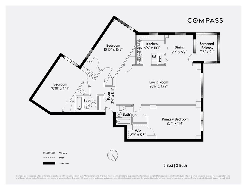 A black and white floor plan of a house called compass