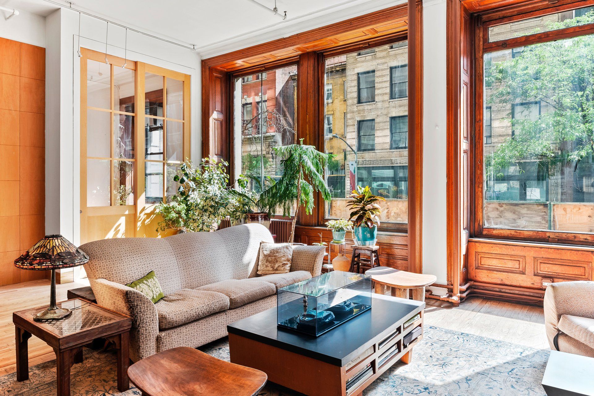 A living room with a couch and a coffee table